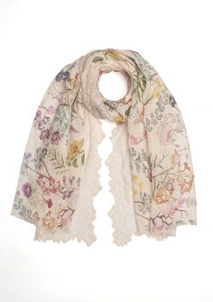 Step into a floral garden with this exquisite linen printed scarf adorned with a captivating beige bold leaf lace. Crafted from breathable linen fabric, it offers a refreshing and comfortable feel. The exquisite bold leaf lace pattern adds an element of sophistication, making it a statement accessory. This versatile scarf effortlessly enhances both casual and formal outfits. Bohemian Linen Scarves For Spring, Cream Floral Print Scarves For Spring, Beige Floral Print Scarves For Spring, Beige Floral Print Scarf For Spring, Bohemian Beige Scarves For Spring, Bohemian Beige Scarf For Spring, Linen Scarf, Linen Scarves, Printed Scarf