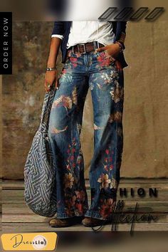 Blue Floral Casual Print Pants Jeans Petite, Retro Pants, Looks Country, Shop Jeans, Jeans Collection, Jeans Wide, Moda Vintage, Floral Pants, Vintage Casual