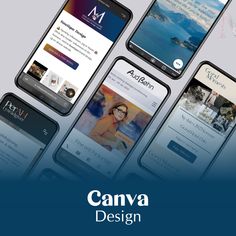 four cell phones with the words canva design displayed on them, all in different styles and colors