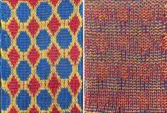 two knitted squares with different colors and patterns, one in red, the other in blue