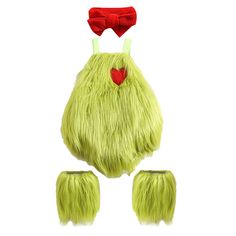 a green monster costume with two red bows on it's head and three other hair pieces