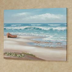 a painting of a boat on the beach with seagulls in the water behind it