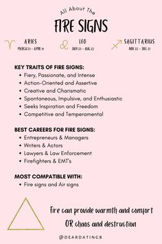 a pink poster with the words fire signs and other things to do in front of it