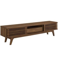 an entertainment unit with wooden slats on the front and sides, in dark wood