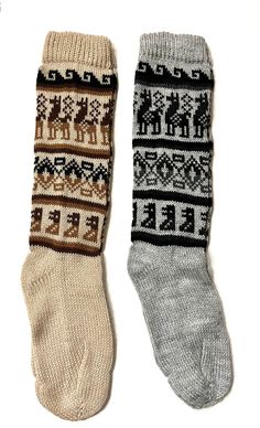 "Two  Pairs Peruvian Alpaca Wool Socks Hand made in Peru by Peruvian artisans.  Size 16\" long. Unisex One size fits all." Peruvian Alpaca, Alpaca Socks, Wool Socks, Alpaca Wool, Socks And Hosiery, Hosiery, One Size Fits All, Alpaca, Peru