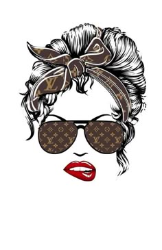 a drawing of a woman wearing sunglasses with a bow on her head and red lipstick