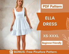 a woman in a white dress is standing with her hands on her hips and the words, ella dress xs - xxl beginner friendly