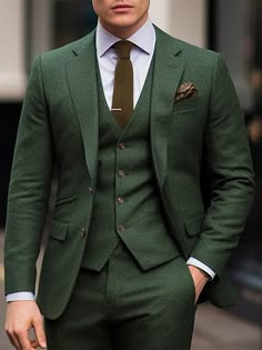 Green Suit And Wedding Dress, Farm Wedding Suits Men, Vintage Dark Green Wedding Dress, Green Color Wedding Dresses, Gold And Greem Wedding Dress, Woodland Wedding Mens Attire, Forest Green Wedding Theme Dresses, Mens Tweed Wedding Suits, Deep Green Tuxedo Wedding