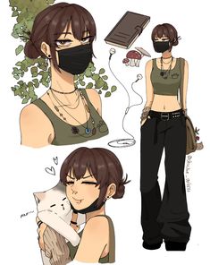 an anime character wearing a face mask and holding a cat in her arms, with other characters