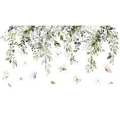 watercolor flowers and butterflies on a white background