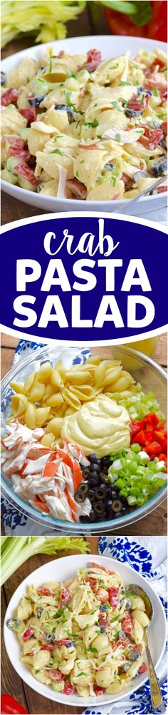 pasta salad is shown in three different dishes, with the title overlaying it