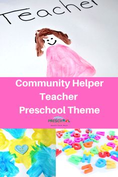 the words community helper teacher preschool theme with pictures of children's handprints