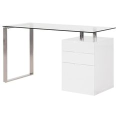 an office desk with a glass top and metal legs on the bottom, against a white background