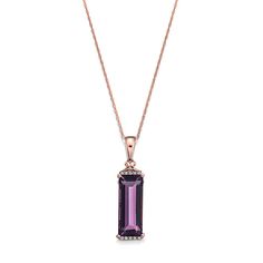 10K rose gold pendant with one rectangular 18x7 millimeter amethyst and 10 round brilliant cut diamond accents 18 inch 10K rose gold rope chain Formal Rose Gold Amethyst Necklace, Elegant Rose Gold Jewelry With Rectangular Stone, Elegant Purple Rectangular Necklace, Rose Gold Necklace With Gemstone Accents For Formal Occasions, Formal Rose Gold Necklace With Gemstone Accents, Elegant Purple Necklace, Couple Band, Bali Jewelry, Jewellery Design Sketches