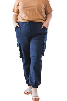 Blue Elastic Waist Side Pocket Plus Size Jogger Pants Blue Cargo Pocket Bottoms For Fall, Blue Cargo Bottoms For Fall, Blue Joggers With Pockets For Fall, Fall Blue Bottoms With Cargo Pockets, Blue Cargo Style Pants For Fall, Fall Blue Cargo Style Bottoms, Fall Blue Cargo Bottoms, Navy Relaxed Fit Cargo Pants With Pockets, Baggy Navy Bottoms With Pockets