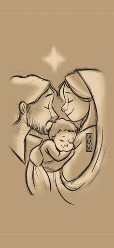 a drawing of a man and woman holding a baby in their arms with the star above them