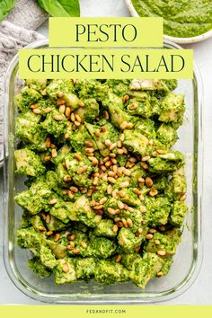 Pesto chicken salad sits in a glass storage container. Pesto Chicken Salad Recipe, Gluten Free Pesto Chicken, Pesto Chicken Lunch, Chicken Pesto Bake Meal Prep, Pesto Chicken Salad, Chicken Salad Dressing, Pesto Salad, Aip Paleo Recipes, Gluten Free Lunch