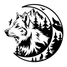 a wolf head with trees on the moon