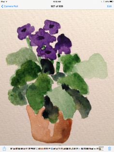 a watercolor painting of purple flowers in a pot