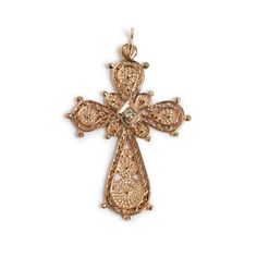 A beautifully hand crafted cross with exquisite detail on both the front and the back.  Very slim and refined 14KT Gold braided wire work decorates each arm of the cross.  A diamond set center adds a bit of sparkle and the borders have tiny balls to give them extra dimension.  Both front and rear display the fine handed detail.   I've recently had this lovely pendant polished and brought back to its original glory.  While I am not certain of its age, it is clearly a hand-crafted gem.  34mm heigh Yellow Gold Filigree Cross Jewelry, Elegant Jewelry With Intricate Design Cross Pendant, Gold Filigree Cross Jewelry, Yellow Gold Cross Wedding Jewelry And Charms, Wedding Jewelry With Cross Pendant, Formal Cross Pendant Jewelry, Yellow Gold Cross Pendant Necklace For Weddings, Formal Intricate Cross Pendant Jewelry, Wedding Yellow Gold Cross Pendant Necklace