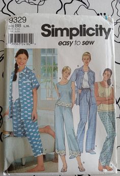 Simplicity 9329, Womens PJ's pattern, 8 styles, including stretch knit designs. Sizes 18-24 (BB). Ca. 2008. Pattern is uncut, unused and factory folded, pattern is in good condition for age. Envelope has some wear and tear from age, and discoloration, pattern is uneffected. Sold AS-IS. If you love vintage and retro sewing patterns, visit my shop at https://www.etsy.com/shop/LaMeresValise                                                                  New inventory added weekly! Pj Sewing Pattern, Sewing Pajamas, Retro Sewing Patterns, Womens Pjs, Pants Sewing Pattern, Easy To Sew, Simplicity Sewing, Button Front Top, Pajama Pant