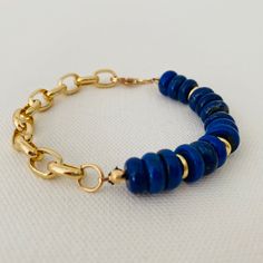 Gold, Bold, Chain Link, Lapis, Versatile, Navy Blue, Bracelet Gold Lapis Lazuli Beaded Bracelets With Round Beads, Blue Adjustable Chain Bracelet For Everyday, Everyday Blue Bracelet With Adjustable Chain, Gold Beaded Lapis Lazuli Bracelets, Everyday Blue Bracelets With Gold Beads, White Bracelet, The Other Half, White Bracelets, One Half