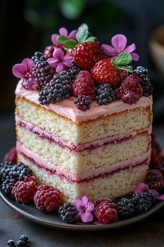 a piece of cake with berries and raspberries on top