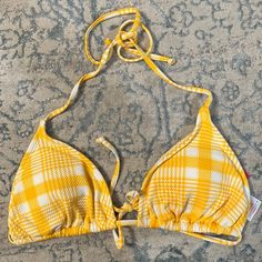 Xhilaration Size Large Yellow Bikini Top, Checkered Print, Never Worn New With Tags Yellow Triangle Top Swimwear For Vacation, Fun Yellow Swimwear For Pool, Mustard Swimwear For Beach Season, Mustard Swimwear For Summer Poolside, Trendy Yellow Swimwear For Poolside, Trendy Yellow Swimwear For Beach Party, Trendy Yellow Swimwear For Beach Season, Mustard Swimwear For Poolside In Summer, Casual Yellow Triangle Top Swimwear