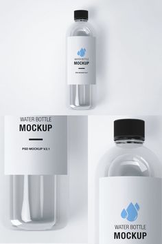 three water bottle mockups with labels on them