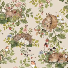 an animal themed wallpaper with flowers and leaves on the back ground, including two baby animals