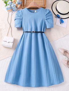 Blue Casual,Cute Collar Short Sleeve Woven Fabric Colorblock,Plain A Line Embellished Non-Stretch  Teen Girls Clothing Frocks For Girls Teens, Short Girl Dress, Puff Sleeve Short Dress, Frock Designs For Girl, Short Frocks, Simple Frock Design, Simple Frocks, Simple Gowns, Chic Maxi Dresses