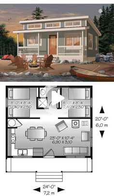 the floor plan for a small cabin with two bedroom and living areas on each side