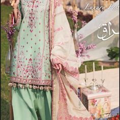 New 3 Piece Pakistani Dress Salwar Kameez Xl Laxuary Lawn Unstitched Pista Green Sharara For Spring, Traditional Green Dress With Naqshi Detailing, Traditional Green Naqshi Dress, Designer Summer Green Dresses, Spring Green Sharara With Dabka Work, Pista Green Anarkali Dress For Summer, Summer Anarkali Dress In Pista Green, Summer Pista Green Anarkali Dress, Naqshi Straight Kurta Georgette Dress