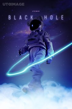 an astronaut floating in the sky with his arms out and holding a glowing light saber