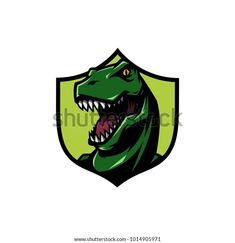 a t - rex dinosaur head with sharp teeth in a shield shape on a white background