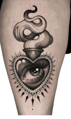 Black And Grey Heart Tattoo, Heart Knee Tattoo, Sacred Heart Tattoo Design, Sacred Heart Tattoo, Mouth Tattoo, Heart With Eyes, Sacred Heart Tattoos, Goth Tattoo, Heart Tattoo Designs