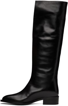 Knee-high buffed leather boots in black. · Pointed square toe · Cutout at collar · Stacked leather heel · Leather outsole · Heel: H1.5 in Supplier color: Black Peter Do, Black Boots Tall, Tall Boots, Leather Heels, Wedge Boot, Riding Boots, Leather Boots, Knee High, Heeled Boots