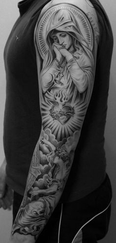 By jun cha Religious Tattoo Sleeves, Angel Sleeve Tattoo, Mother Mary Tattoos, Sacred Heart Tattoos, Mary Tattoo