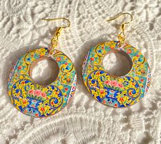 Handmade Persian earrings, It is popular with women of all ages and therefore makes a great gift for mothers, daughters, wives, or girlfriends. Especially for a Persian girl or the one who like history and traditional architecture. the motives inspired from Persian architecture. earring diameter 4 cm. earring height 7 cm. The creation of Persian tiles began about 1200 A.D. and Persian tiles decorating reached it's zenith in the 18th and 19th centuries. Simply put, Persia has the most beautiful t Persian Earrings, Persian Jewelry, Persian Girl, Persian Tiles, Persian Architecture, Glazed Brick, Persian Style, Earrings Colorful, Traditional Architecture