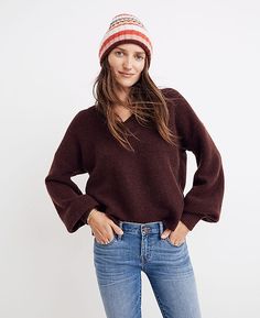 Cozy and plush, our 100 percent cashmere sweater has a V-neck and full balloon sleeves. So soft and luxe, you'll want to nap in it. Mini Fashion, Sleeve Sweater, Cashmere Sweaters, Sweater Outfits, Madewell, Sweaters & Cardigans, Access Denied