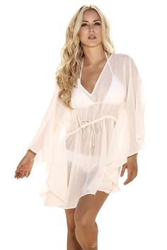 Sheer polyester chiffon beach or pool cover up in ivory or turquoise. - Long sleeve Grecian style - V-neck - Draw string waist with gold tone metal tie ends - Sizes: S(0-2), M(4-6), L(8-10), XL(12-14) - Made in Columbia - Free shipping Beige V-neck Beach Dress For Vacation, V-neck Chiffon Beach Cover-up, Beige V-neck Cover-up For Vacation, Lightweight Beachy Cover-up For Vacation, Lightweight Beachy Cover-up For Beach, Flowy Cover-up For Resort Season Vacation, Spring Beachwear Swim Dress For Beach Cover-up, White Sheer Beachwear Cover-up, Chiffon Cover-up For Vacation