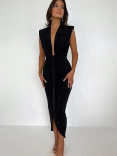 Sexy Deep V-Neck Side Split Slim Maxi Dress – SHExFAB Jumpsuit Outfit, Party Dress Short, Short Mini Dress, Plus Dresses, Side Split, Cocktail Dress Party, V Neck Dress, Deep V Neck, Ankle Length