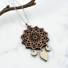 Feminine Boho Style, Wood Invitation, Mandala Necklace, Lotus Mandala, Luxury Invitation, Bespoke Gifts, Artisan Gift, Wood Necklace, Dangle Charms