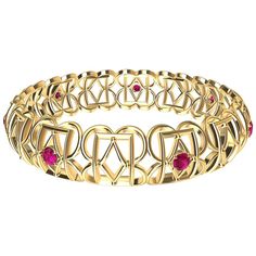 18k Yellow Gold Ruby Rectangle Rhombus Bangle, from the Gates series. This bracelet is inspired from hand wrought ironwork off balconies, windows, and gates in Europe. A modern twist with 7 rubies, 2.66 carats of diamond cut rubies for more charm. Made to order , please allow 6 weeks delivery. signed T.Kurilla Antique Bangles, Modern Bangle, Unique Bangle, White Gold Bangle, Modern Bracelets, Yellow Gold Bangle, Antique Bracelets, White Gold Sapphire, Enamel Bangle