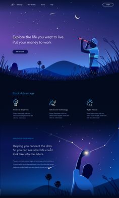 the landing page for an app that is designed to look like a night sky with stars and