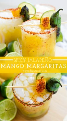 spicy jalapeno mango margaritas on a cutting board