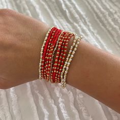 - Never Worn - Stack Of 10! - Super Cute For Game Day! Christmas Beaded Bracelets Patterns, Usa Beaded Bracelet, Christmas Stack Bracelets, Red And White Beaded Bracelet, Seed Bead Christmas Bracelets, Game Day Bracelets, Christmas Seed Bead Bracelets, Christmas Bead Bracelets, Christmas Friendship Bracelets