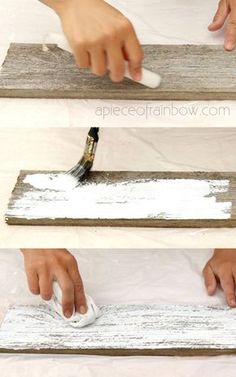 the process to paint wood planks is shown with white paint on it and then using a brush