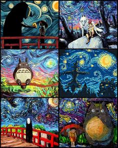 four different paintings with people and animals on them in the same painting style, one is starry night