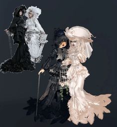 two dolls dressed in black and white are standing next to each other, one is holding a birdcage